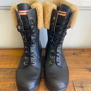 HUNTER Rubber Rain Boots lined Pile top lining Lace Women’s Black Boots Size 8